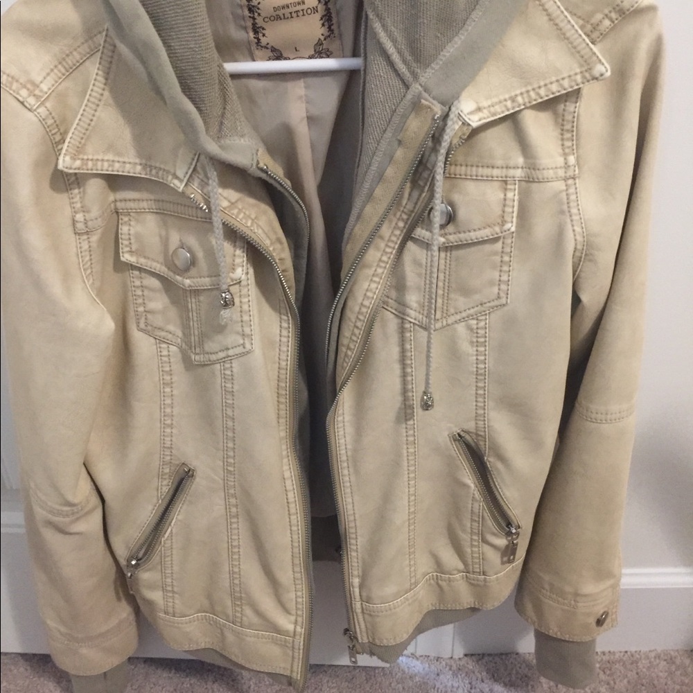 Real leather short jacket with hood.